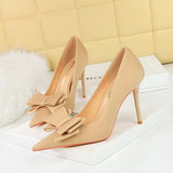 Breakj Korean Version Fashion Thin Heels, Silk, Shallow Pointed Bow Single High Heel Women's