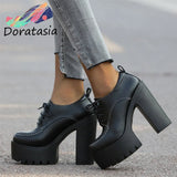 Office Women High Heels Goth Leisure Shoes Black Pumps Women Elegant Platform Lace Up Block Heel Spring