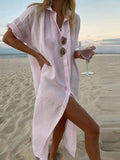 Spring Solid Color Cotton Linen Dress Women 2022 Elegant Casual Party Summer Dress New Lapel Button Split Mid Length Shirt