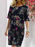 Spring Summer New Lady Casual Loose Midi Dress Women half Sleeve Vintage Printed Dresses Fashion Split Crew Neck Pullover