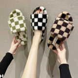 Spring Autumn Womans Slippers Fashion Chessboard Shoes Open Toes Checkerboard Shoes for Women Grid Flats Plaid Woman