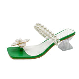 New Design Square Toe Slippers Sandals Fashion Flowers pearl Crystal Strange Heels Shoes Woman Summer Slides Shoes for