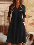 New Summer Commuter Women Dress A-line Skirt Solid Cotton Linen Pocket Mid Sleeve Holiday Dress 2022 Elegant V-Neck Loose