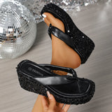 Breakj Summer New Square Head Pine Cake Thick Bottom Slippers Transparent One-Word Style High And High Women Wearing Squins Cool