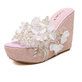 Sandals And Slippers Are Available In Stock. Korean Fashion Beaded Flowers Summer Transparent Slope Thick-Soled