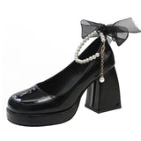 Ankle Strap Platform Pumps for Women Super High Heels Patent Leather Mary Jane Shoes Woman Lace Bowknot Dress Shoes