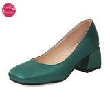 Female Spring Summer 2022 Dress Shoes PU Leather Elegant Chunky Med Heel Slip on Shallow Footwear Women Daily Casual