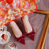 Stilettos Wedding Shoes Girls Autumn And Winter 2023 New French Bow Wine Red High-Heeled Shoes Toast Without