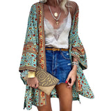 Boho Print Floral Beachwear Kimono Cardigan Loose Long Sleeve Shawl Capes Blouse Bikini Cover Wrap Outdoor Thin Coat