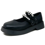 Brown Pearls Strap Mary Jane Shoes Women 2022 Vintage Round Toe Platform Shoes Woman Double Buckle Lolita Shoes