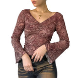 Khaki Vintage Print V Neck Flare Long Sleeve Y2K Tops Cute E Girl Fairy Grunge Aesthetic Graphic T Shirts for