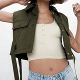 Chic Green Pocekts Quilting Cropped Vests Women 2021 Fashion Side Buttons Tie Turn-down Collar