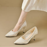Breakj Heel Wedding Shoes Women's Shoes White Lace High Heels 2025 Fashion Temperament Pointed Single Shoes Gentle Mary Jane