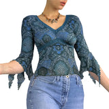Khaki Vintage Print V Neck Flare Long Sleeve Y2K Tops Cute E Girl Fairy Grunge Aesthetic Graphic T Shirts for