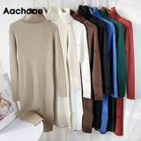 Solid Knitted Long Dress Women Autumn Winter Turtleneck Long Sleeve Sweater Dress Lady Split Loose Casual Dress