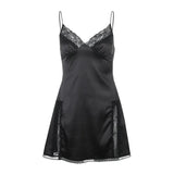 Patchwork Lace Slip Satin Sexy Dress Women V Neck Backless Sleeveless A Line Mini Dresses Ladies Party