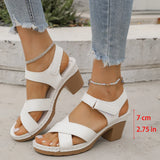 Breakj Cross Band Thick Heel Roman Sandal Summer Flowers Plus Size Velcro Open Toe Mid Heel