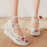 Breakj White Sole Embroidered Cloth Shoes High Heel Slope Canvas Embroidered Women's Singles Shoes Lace Retro National Style Cloth