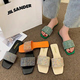 Breakj Size Rhinestone Flat Bottom Slippers Woman's Head Korean Version Fashion One Word Household Cool Drag