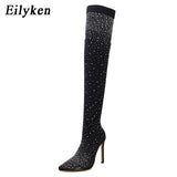 2022 Fashion Runway Crystal Stretch Fabric Sock Boots Pointy Toe Over-the-Knee Heel Thigh High Pointed Toe Woman