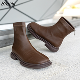 Women's Boots 2023 New Leather British Style Brown Short Boots Flat Soled Plush Elastic Boots Cowhide Thin Boots Demonia