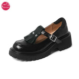 EDEELVEEYS INS ZA Women Genuine Leather Thick Sole Shoes T Strap Tassel Round Toe Lady Footwear Spring Autumn Mary Janes