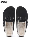 2023 New Winter Unisex Cork Slippers Casual Women Plush Inside Men Buckle Nubuck Leather Closed Toe Slide Slip on