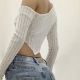 Irregular Off Shoulder Sexy Crop Top T Shirt Women Solid Hollow Out Long Sleeve Basic T-shirt Ladies Korean