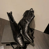 Pointed Western Cowboy Boots Nude Boots North American Wrinkled Leather V Thick Heel Short Boots After