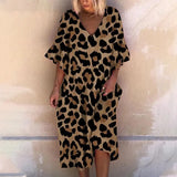 Women Office Autumn V Neck Loose Boho Dress 2022 Summer Short Sleeve Maxi Beach Dresses Elegant Leopard Print Long Party