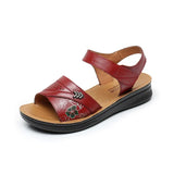 Women's Ladies Female Old Mother Non Slip Genuine Leather Shoes Sandals Platform Summer Cool Beach Flowers Ethnic