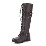 Breakj New Round Head High-Cvalry Knight Boots Belt Mouth Decoration Low-Heeling Women's Leather Boots Size