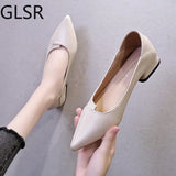 Breakj Women Leather Pumps Shoes Office Lady Med Square Heel Pointy Toe Slip on Work Shoes Classic Heel 4 Cm High Heels