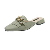 heel String Bead Shoes Woman 2022Loafers Cover Toe Med Female Slippers Mules Sexy Block New PU Slides Fabric Rubber