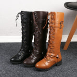 Breakj New Round Head High-Cvalry Knight Boots Belt Mouth Decoration Low-Heeling Women's Leather Boots Size