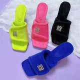 Slippers 2021 Winter Square Toe Velvet Slippers Thin Heels Chic Bling Rhinestone Slides Ladies Fashion Flip Flop