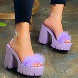 Feather Women Sandals with Chunky Heels and Waterproof Platform One-button Shoes for Women 2022 Summer New Princess