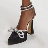 Satin Rhinestones Platform Wedges Women Pumps Elegant Slingbacks Cross-tied Dress High heels Spring Summer Chunky