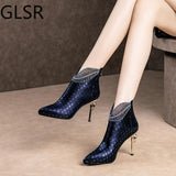 Pattern Embossed Leather Boots Woman Ankle Boots Plating Heel Rhinestone Women's Winter Shoes 2020 Female Footware
