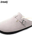 2023 New Winter Unisex Cork Slippers Casual Women Plush Inside Men Buckle Nubuck Leather Closed Toe Slide Slip on