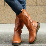 Women's Mid Calf Boots Winter Shoes Woman Warm Plush Lady PU Boots Sewing Slip On Comfort Female Footwear Fashion Two