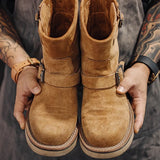Men Cow Suede Snow Boots Retro American Engineer Boots Mid-barrel Motorcycle Boots Flat Sole Solid Warm Soft Martin