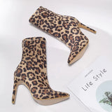 Suede Pointed Toe Women Ankle Boots Leopard Fashion Hoof High Heel All Match Short Woman Shoes Fur Boots Size
