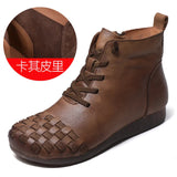 Breakj Time 138] National Wind Leather Hand-Woven Flat Bottom Short Boots Cow Skin Boots Soft Bottom Women's Cotton