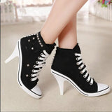 Women Canvas Shoes Denim High Heels Rivets Shoes Fashion Shoe Spring Sneakers Women's Pumps Black Blue Autumn New