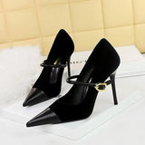 Breakj Banquet High Heels Fine Heel Shallow Pointed Top Xishi Suede Stitching Pointed Metal Buckle One Word Strip Single