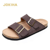 Summer New Men's Cow Suede Leather Mule Clogs Slippers High Quality Soft Cork Two Buckle Slides Footwear For