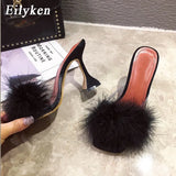 Woman Feather Transparent High heels Fur Slippers Sandals Women Peep toe Mules Lady Pumps Slides White size