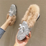 big size rabbit fur winter flat shoes woman silver/pink glitter fluffy flats crystal bowtie moccasins female fur loafers