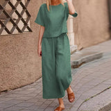 Women Linen 2 Piece Set Solid Color Loose Comfortable Drawstring Long Sleeve Home Suits 2021 Lounge Wear